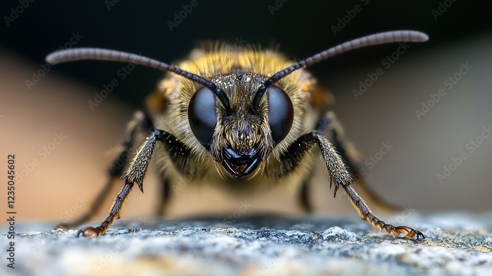 Poster macro view of bee face detailed eyes and antennae : generative ai