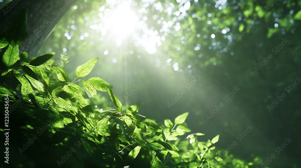 Poster Sunlight Filtering Through Lush Green Forest Leaves Creating a Tranquil Natural Atmosphere : Generative AI