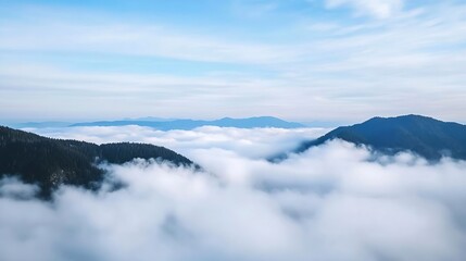 Breathtaking Aerial View of Misty Mountain Ranges Touching Clear Blue Sky : Generative AI