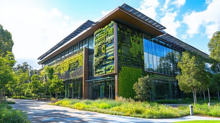 A large building with a green wall and a lot of trees surrounding it