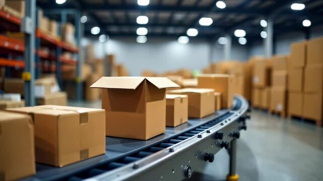 Brown Cardboard Boxes Moving on a Conveyor Belt in a Modern Warehouse Ideal for Logistics and E commerce Businesses