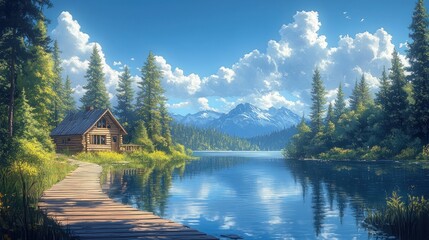 Fototapeta premium Lakeside cabin, mountain view, summer, peace, path