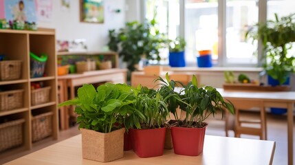 Indoor Classroom with Lush Green Plants on Wooden Shelves and Desks : Generative AI