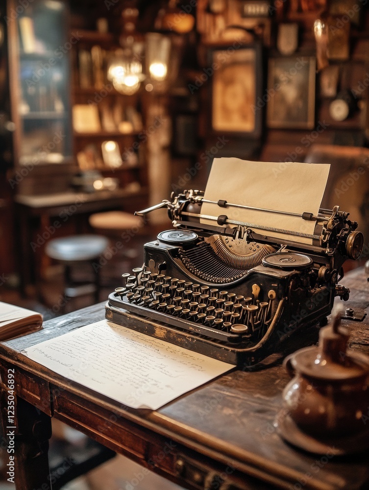Poster Vintage typewriter with blank sheet offering breaking news in a rustic cafe setting. Generative AI