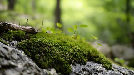 Obraz premium Lush MossCovered Rock Amidst the Forest for a Tranquil and Green Retreat : Generative AI