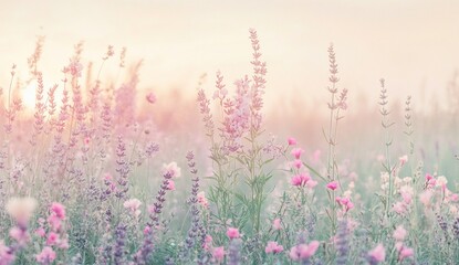 Obraz premium Beautiful Pastel Pink Lavender Flowers Field Summer Sunrise art sky soft calm view bloom image photo