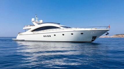 Elegant White Motor Yacht Floating on Tranquil Blue Sea Under Clear Skies : Generative AI