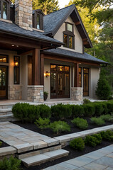 Obraz premium Luxury Modern Home Exterior Design: Stone, Wood, and Glass Architecture