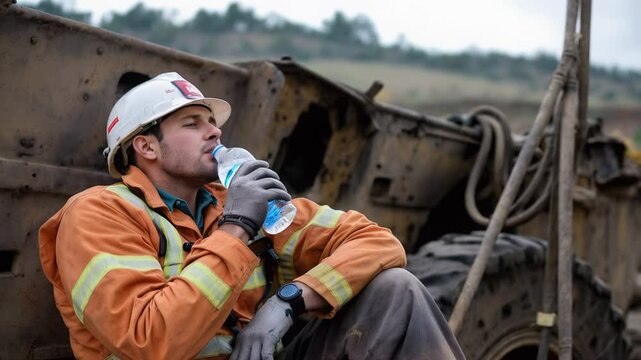 A dedicated construction worker pauses to drink water while seated next to heavy machinery. Dressed in safety gear, he enjoys a brief moment of rest amidst a demanding workday outdoors