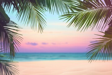 Fototapeta premium Tropical beach at sunset with palm leaves framing the pastel sky and ocean with copy-space