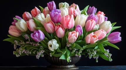 Colorful tulips bouquet, dark background, spring