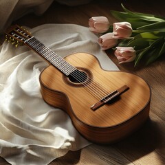 Fototapeta premium Beautiful acoustic guitar resting on soft fabric next to fresh tulips in warm sunlight. Generative AI
