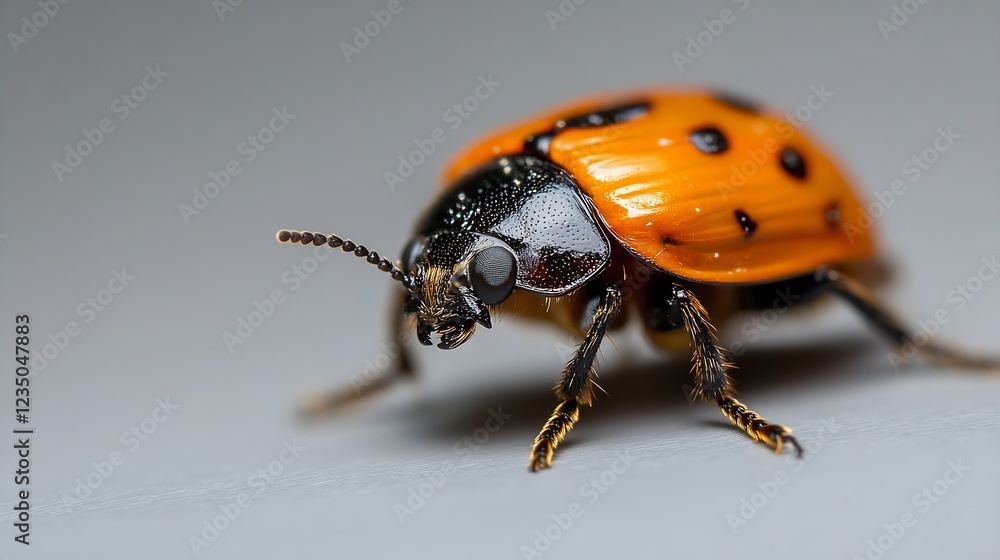 Poster Bold Orange Beetle Macro Photography with Sharp Textured Details on Grey Surface : Generative AI
