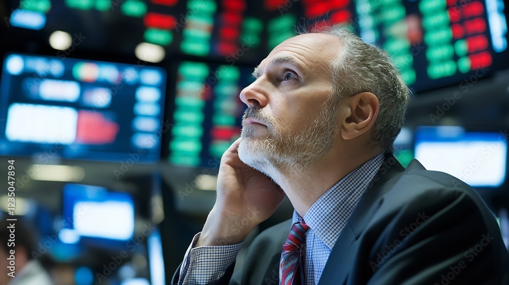 Aufkleber Focused Stock Trader Analyzing Market Trends on Trading Floor : Generative AI