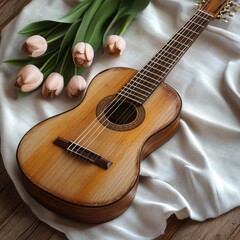 Fototapeta premium Handmade wooden guitar with pink tulips on a soft white fabric background in a cozy indoor setting. Generative AI