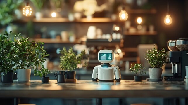 Robotic Barista Serving Glowing Holographic Beverages in a Modern Coffee Shop Environment