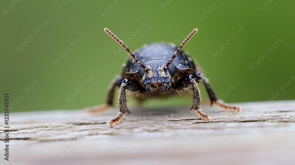 Poster macro image of dark beetle with antennas on wooden surface : generative ai