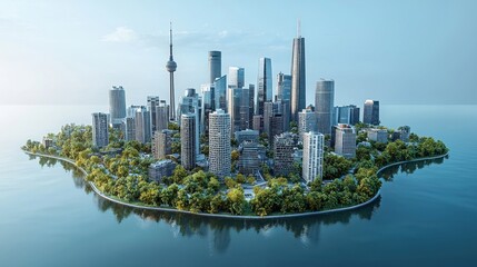 Fototapeta premium A futuristic metropolis thriving on a lush green island, surrounded by serene blue waters. A breathtaking aerial view showcasing modern architecture and harmonious coexistence with nature.