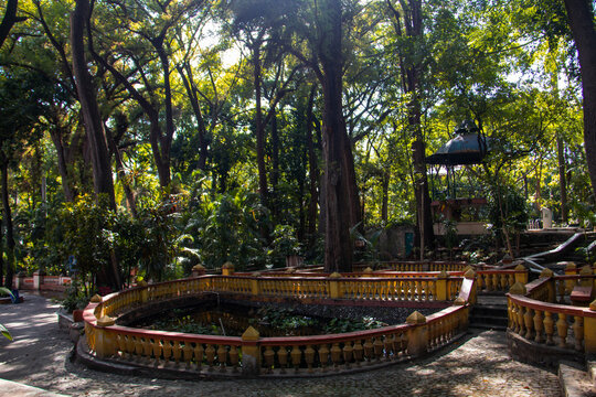 Melchor Ocampo Park in Cuernavaca, Mexico, showcasing a charming gazebo, historic balustrade, and a water feature amid lush greenery and towering trees,