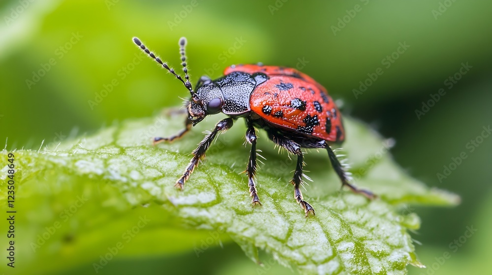 Poster redspotted beetle on leaf exploring greenery in close detail : generative ai