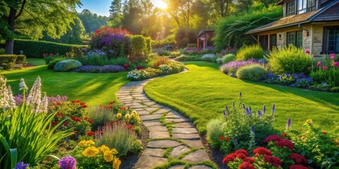 Obraz premium A winding stone pathway leads through a lush garden, vibrant with blooming flowers, and bathed in the warm glow of the setting sun.