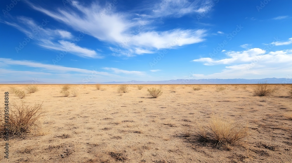 Poster vast desert landscape with blue sky and scattered clouds setting a dramatic scene : generative ai