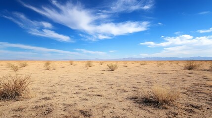 Vast Desert Landscape with Blue Sky and Scattered Clouds Setting a Dramatic Scene : Generative AI
