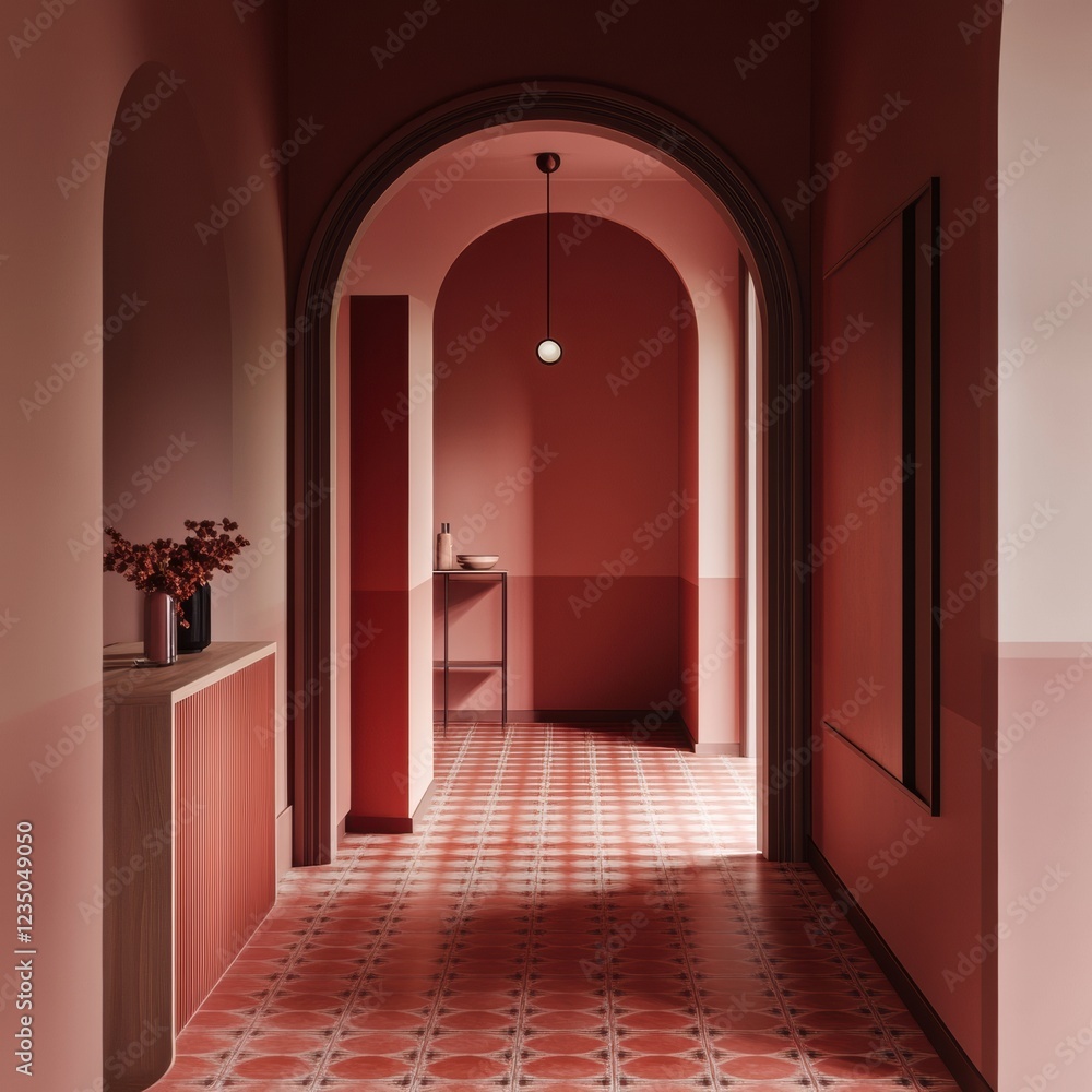 Poster elegant interior corridor showcasing minimalist design elements in warm red tones and unique archite