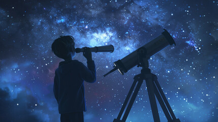 A person looking at the stars through a telescope. animated character, C4D model rendering, cheerful smile, 3D rendering 