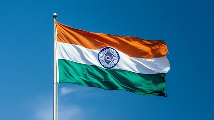 Majestic Indian National Flag Waving Against Clear Blue Sky : Generative AI