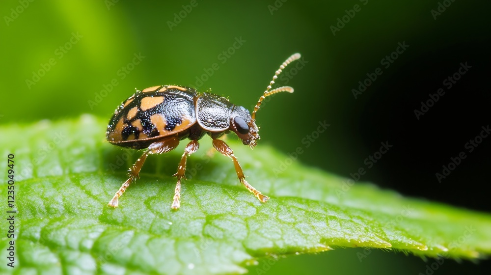 Aufkleber Tiny Beetle on Green Leaf with Intricate Pattern and Vibrant Colors : Generative AI