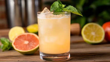Fototapeta premium Refreshing Citrus Cocktail with Mint and Ice on Rustic Wooden Table : Generative AI