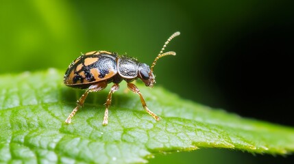 Tiny Beetle on Green Leaf with Intricate Pattern and Vibrant Colors : Generative AI