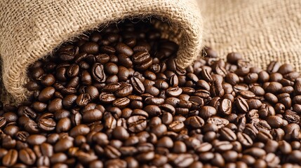 Fototapeta premium Burlap Sack Overflowing with Freshly Roasted Coffee Beans for Perfect Morning Brew : Generative AI
