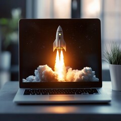 Rocket launching into space from a laptop screen during evening with soft interior lighting and a plant in focus. Generative AI