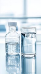 A glass and a bottle filled with clear liquid on a reflective surface, set against a blurred background, creating a clean laboratory atmosphere.