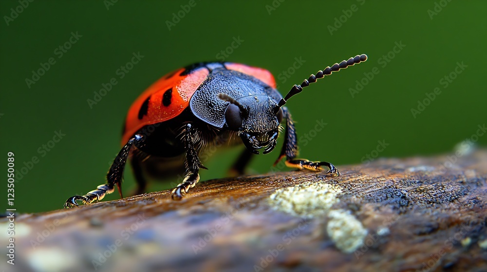 Poster red black ladybug macro on wooden surface with high detail and texture : generative ai