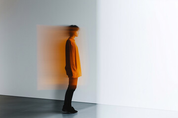 Abstract image of a person standing still with motion blur, symbolizing mental health, emotional expression, and introspection in a minimalist, modern space. Generative AI.