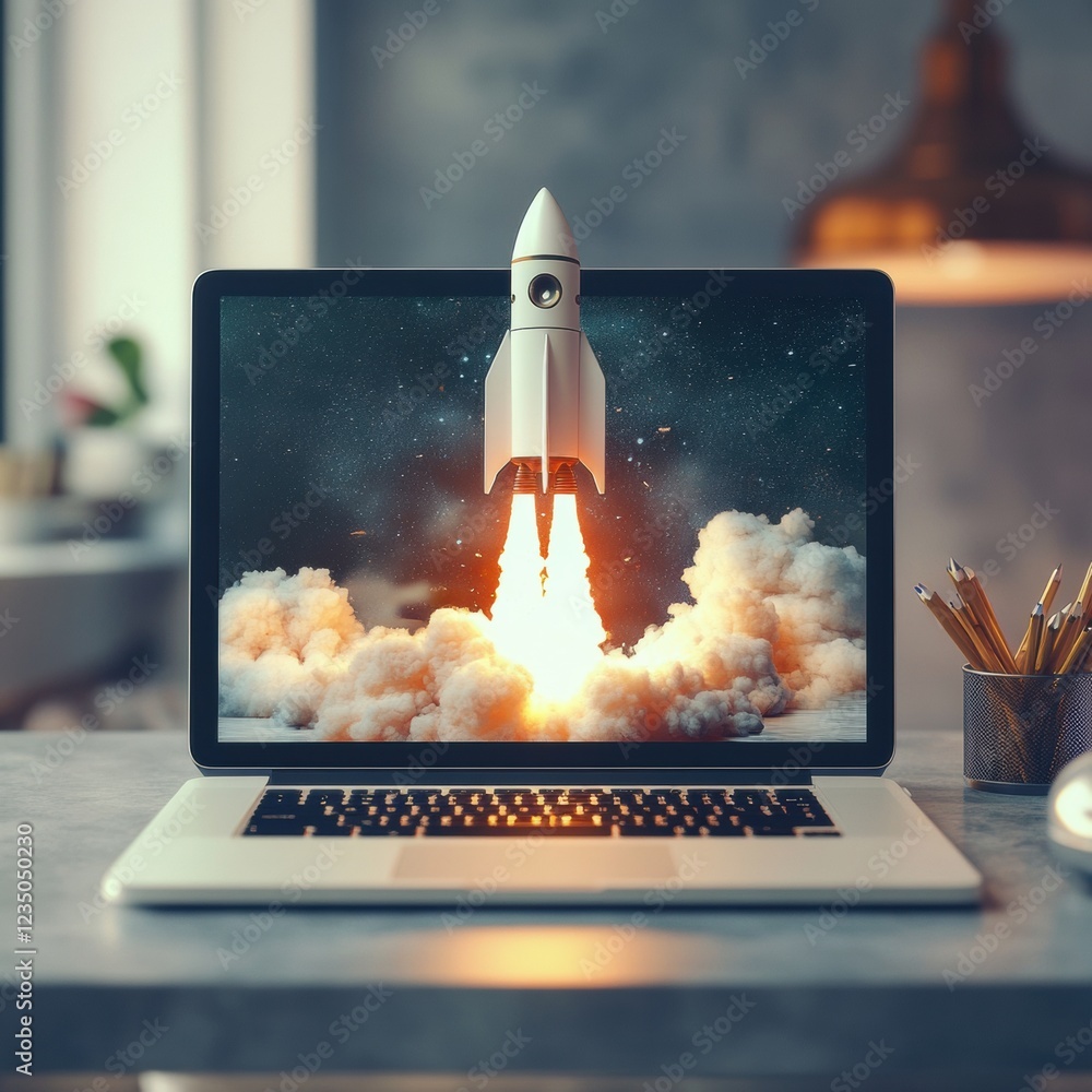Poster digital rocket launch takes place on a laptop in a modern workspace with a cozy atmosphere. generati