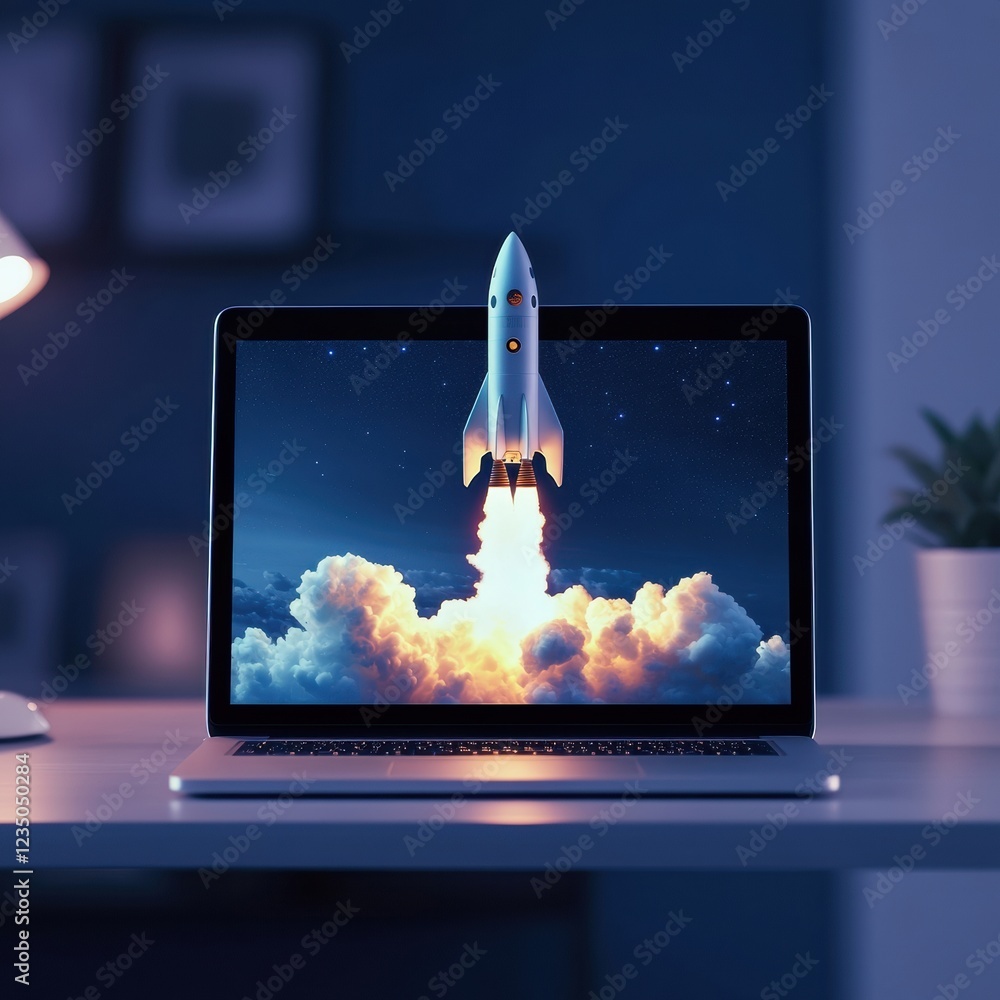Poster conceptual artwork featuring a rocket launch on a laptop screen in a dimly lit workspace with modern