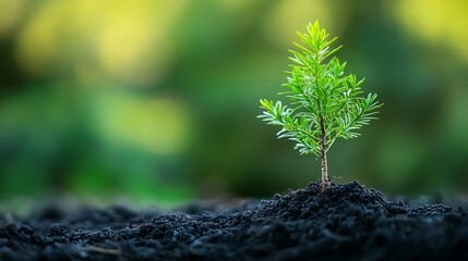 Young Pine Sapling Emerges from Rich Soil in Inspirational Growth Scene : Generative AI