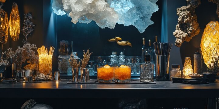 Stylish bar scene featuring cocktails, decorative elements, and ambient lighting, suitable for promoting nightlife, bars, or cocktail recipes.