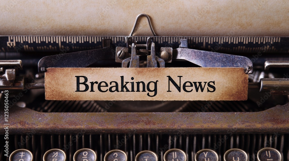 Poster vintage typewriter showcasing breaking news on a blank sheet of paper in a classic setting. generati