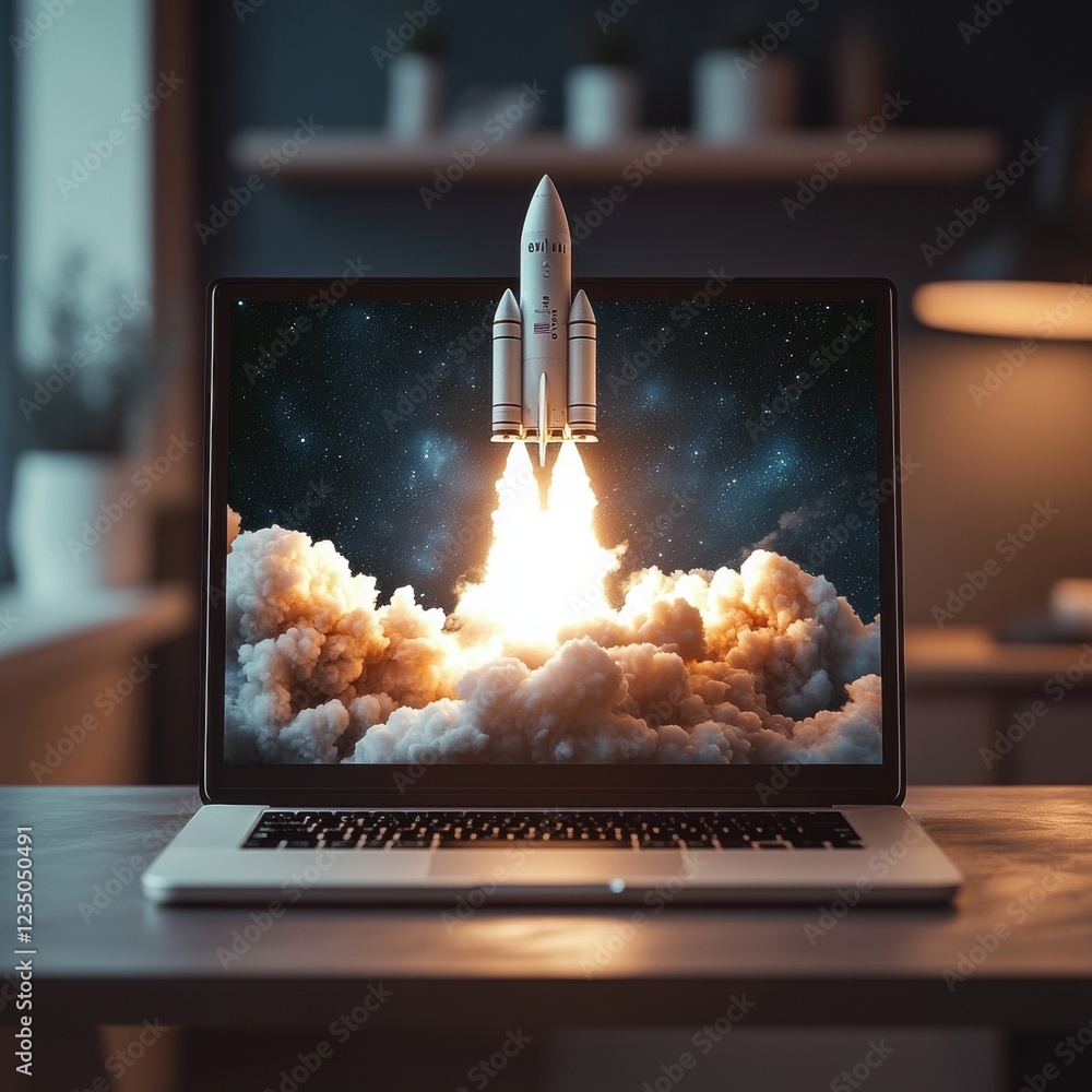 Poster laptop displaying a rocket launch against a backdrop of clouds and stars in a cozy indoor setting. g