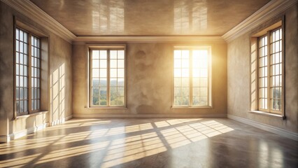 Obraz premium Sunlight streaming through large windows illuminates a spacious empty room with a warm, inviting ambiance