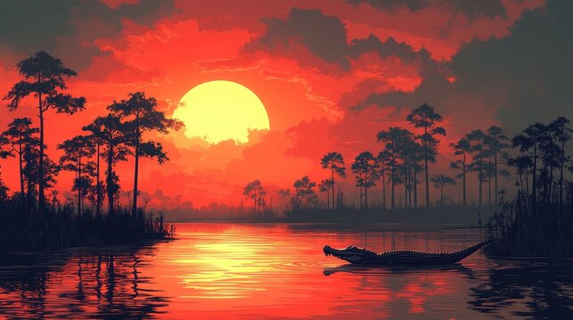 Alligator sunset swamp boat tranquil nature scene