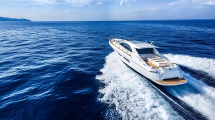 Luxury Yacht Sailing on Open Sea with Scenic Horizon and Blue Waters : Generative AI