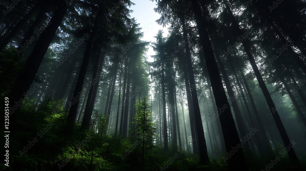 Poster Serene Forest Landscape with Sunlight Filtering through Tall Pine Trees : Generative AI