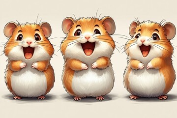 Fototapeta premium Three cheerful cartoon hamsters with big smiles and fluffy fur.