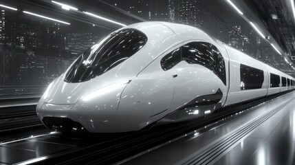 Fototapeta premium Futuristic train speeds through city night tunnel